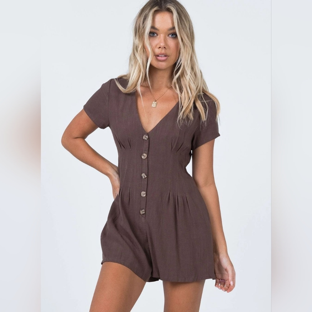 Princess Polly Adi Romper Brown Linen Blend V-Neck Button Front Jumpsuit US 8